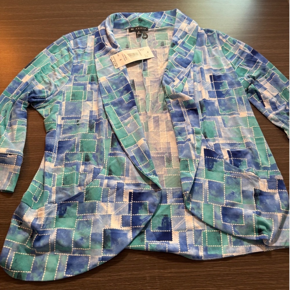 N Touch Womens Blue Teal Geometric Cats Eye Block Open Front Cardigan Jacket S